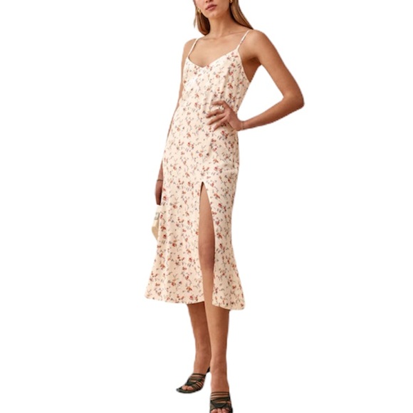 Reformation Dresses & Skirts - NEW Reformation Crimini Spaghetti Adjustable Strap V Neck Midi Side Slit Dress